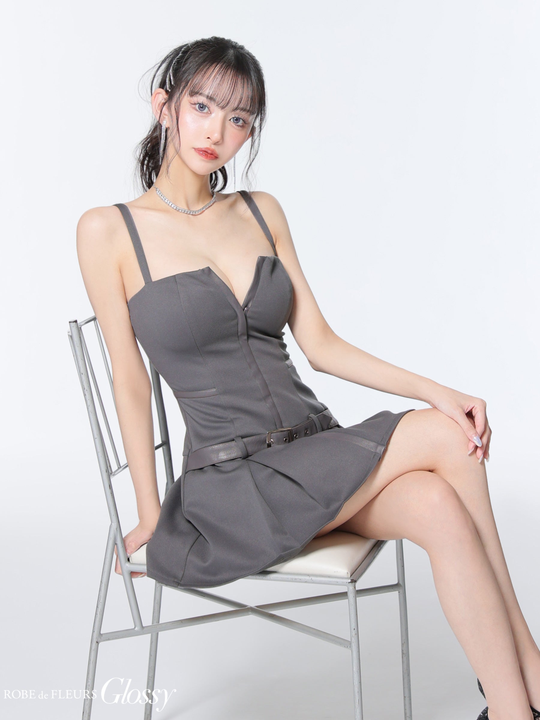 【XSサイズあり】フロントジップベルトプリーツミニキャバドレス(GL4101)