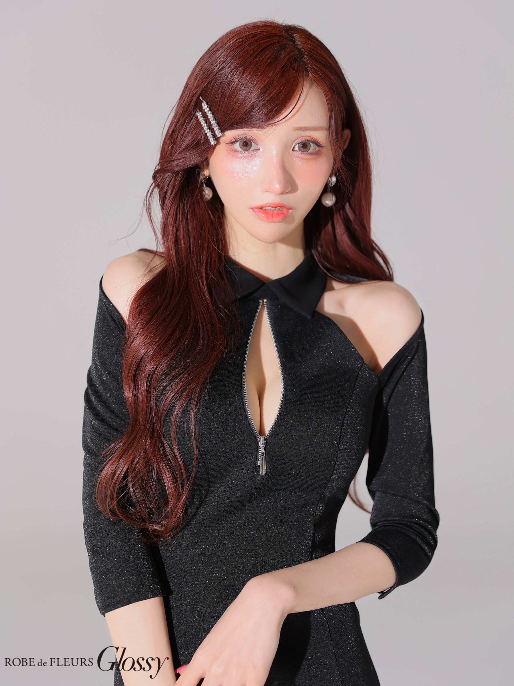 【XSサイズあり】襟デザインオフショルバストジップミニキャバドレス(GL4109)