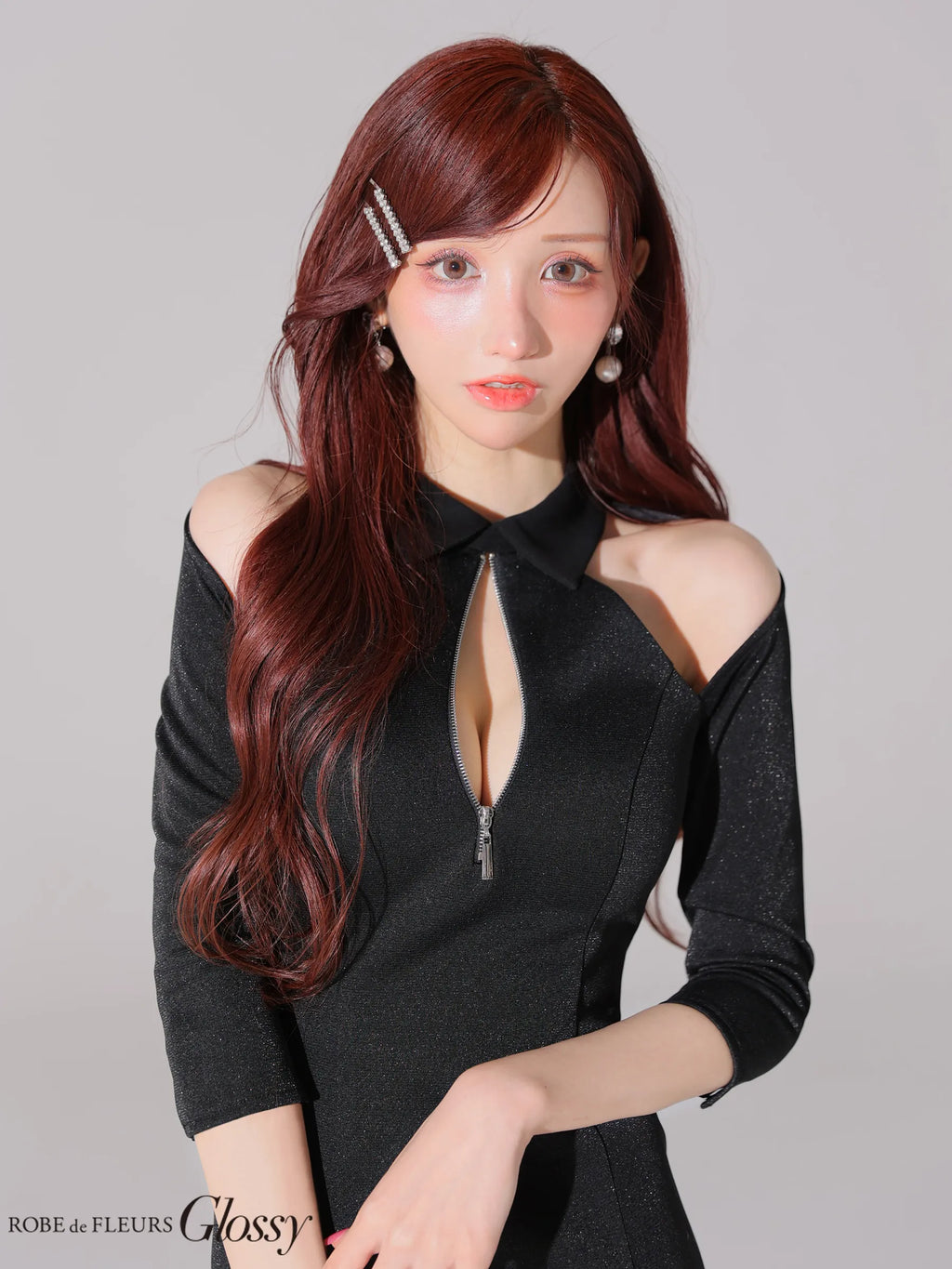 襟デザインオフショルバストジップミニキャバドレス(GL4109)