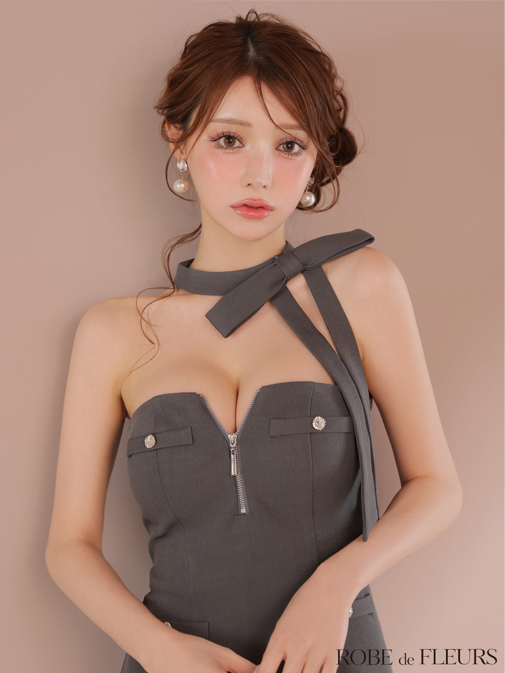 【XSサイズあり】2wayネックリボンバストジップミニキャバドレス(fm4111)