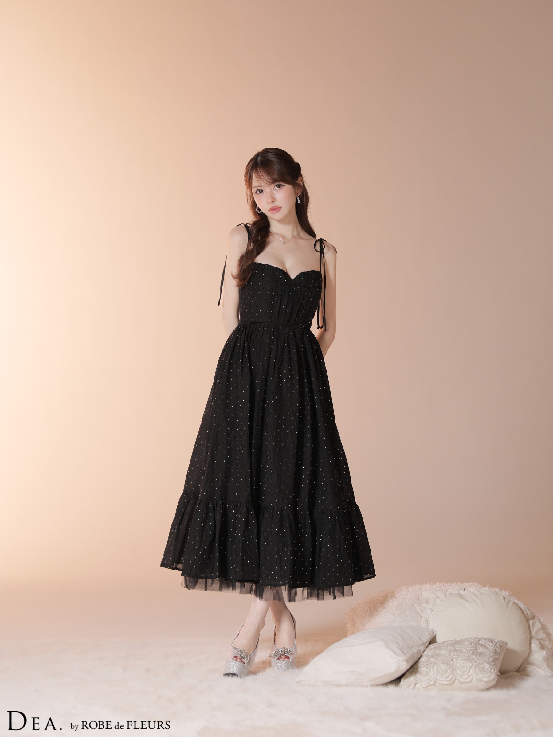 【XS〜Lサイズあり】ストーン付きシフォンロングキャミキャバドレス (DE4147)