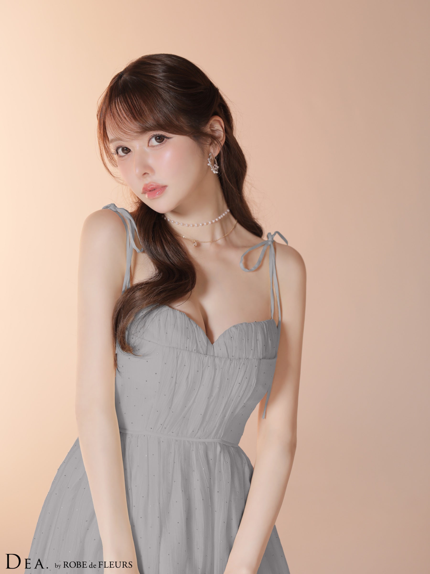 【XS〜Lサイズあり】ストーン付きシフォンロングキャミキャバドレス (DE4147)