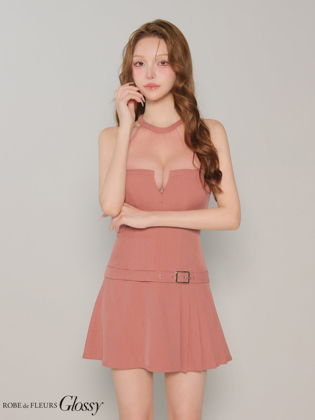 ★一部予約商品★【7月上旬頃入荷予定】【XSサイズあり】シアーホルターネックフレアミニキャバドレス(GL4153)