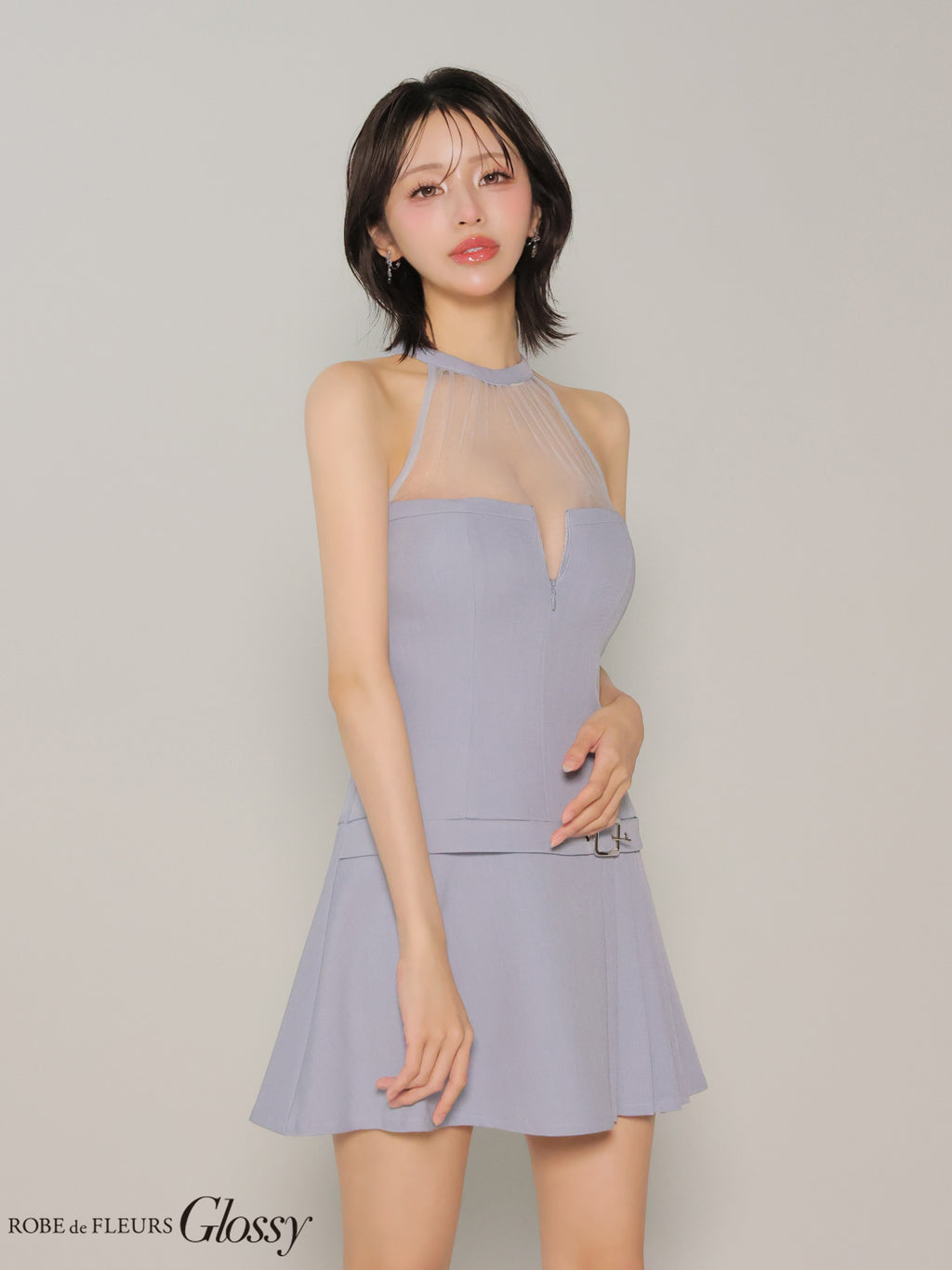 ★一部予約商品★【7月上旬頃入荷予定】【XSサイズあり】シアーホルターネックフレアミニキャバドレス(GL4153)
