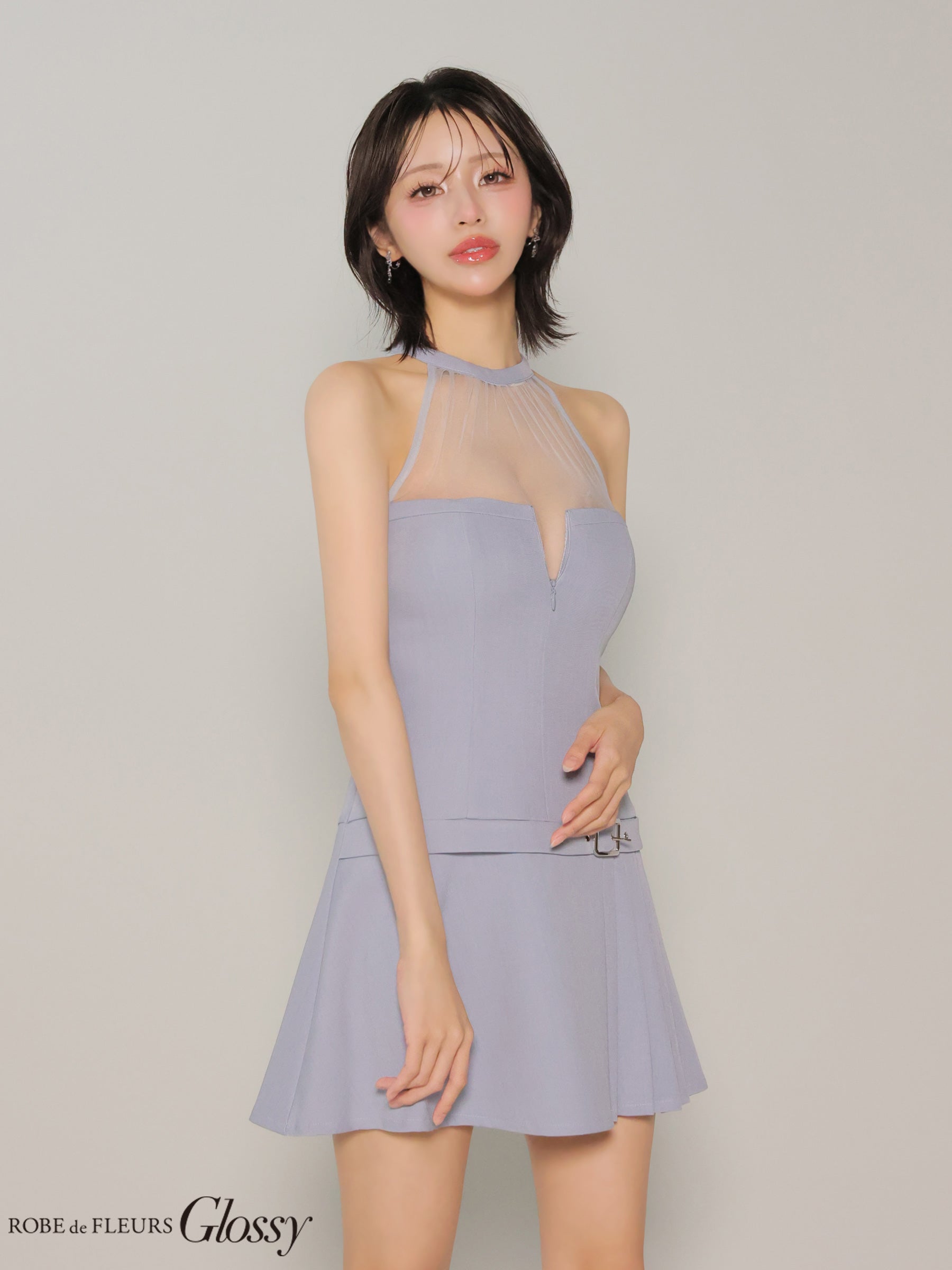 ★一部予約商品★【7月上旬頃入荷予定】【XSサイズあり】シアーホルターネックフレアミニキャバドレス(GL4153)