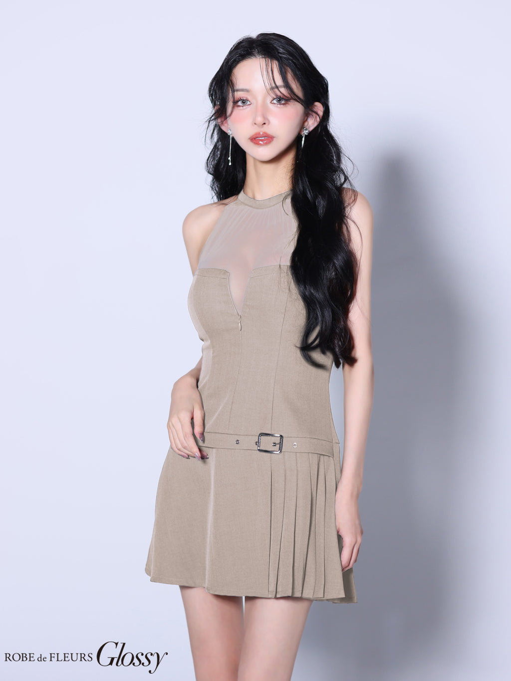 ★一部予約商品★【7月上旬頃入荷予定】【XSサイズあり】シアーホルターネックフレアミニキャバドレス(GL4153)