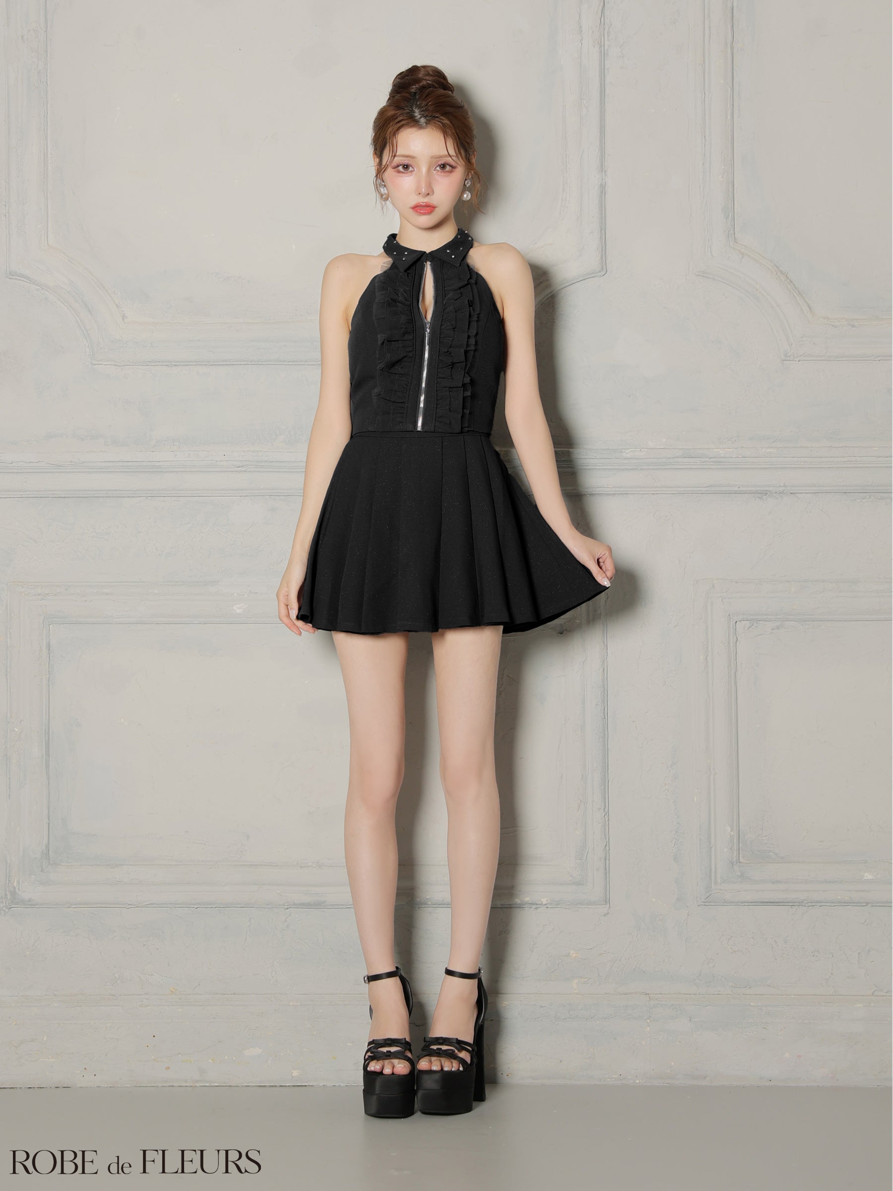 【XS～Lサイズあり】レースハイネックセットアップフレアミニキャバドレス(fm4157)