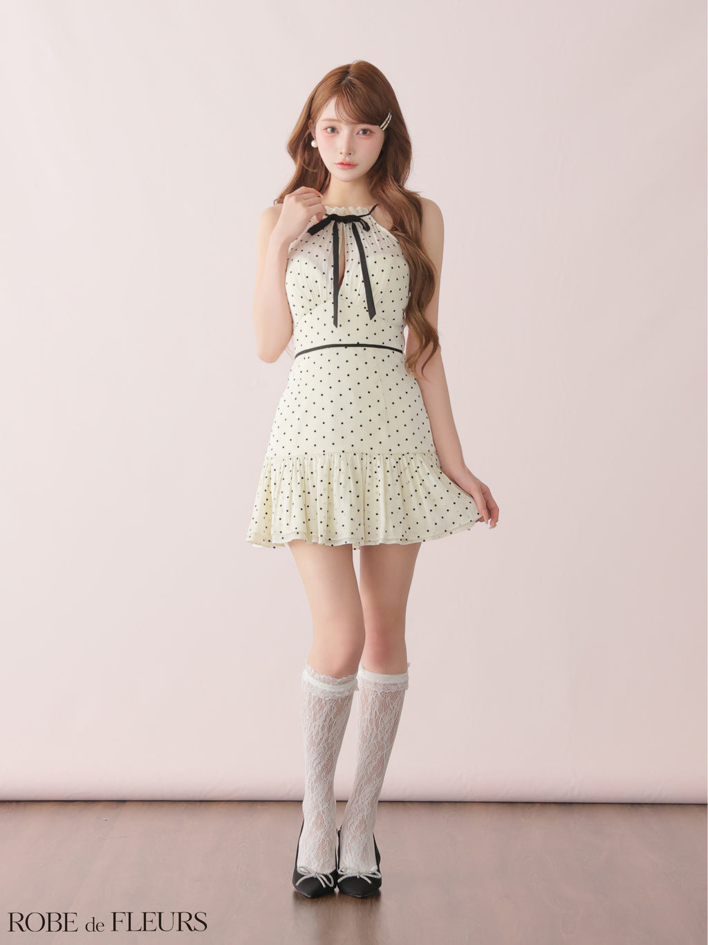 ★一部予約商品★【9月中旬頃入荷予定】【XSサイズあり】ドットオーガンジーホルターリボンミニキャバドレス (fm4165)