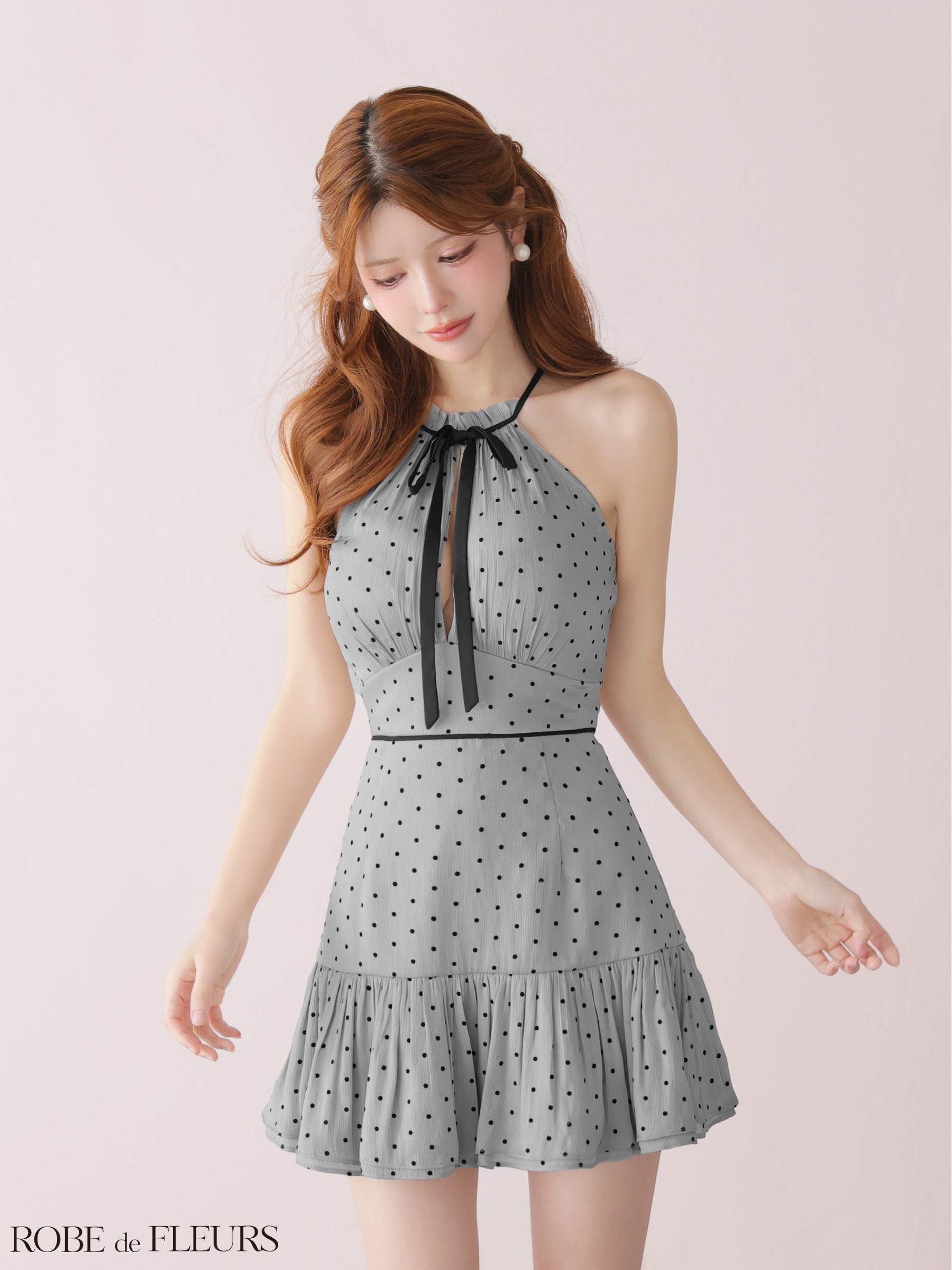 ★一部予約商品★【9月中旬頃入荷予定】【XSサイズあり】ドットオーガンジーホルターリボンミニキャバドレス (fm4165)