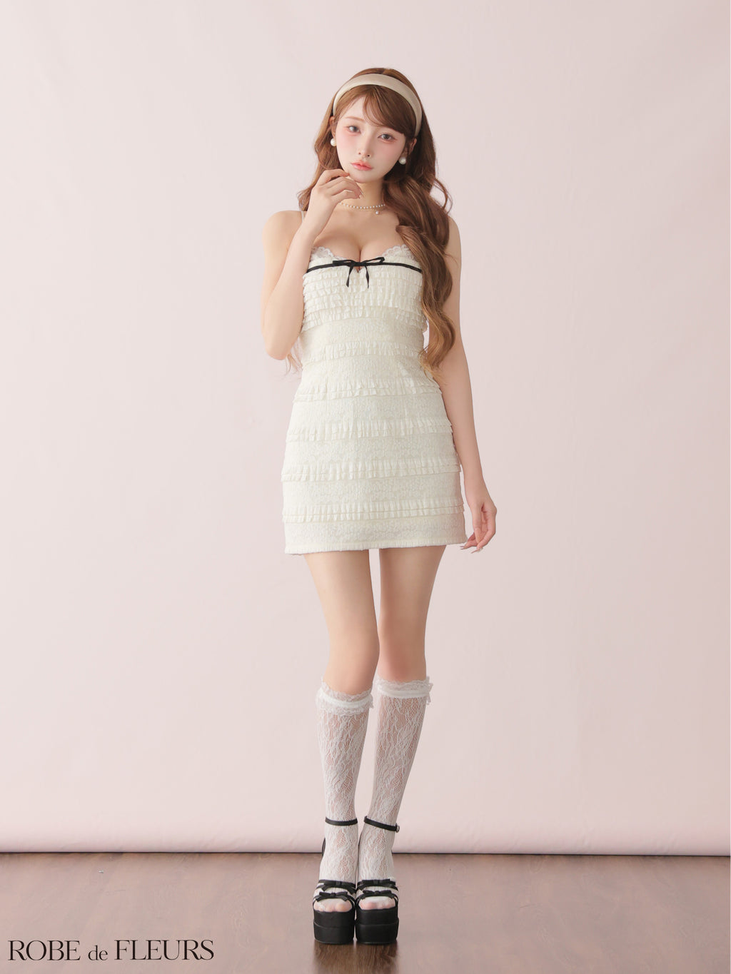 【XSサイズあり】レースフリルバイカラーリボンミニキャバドレス (fm4181)