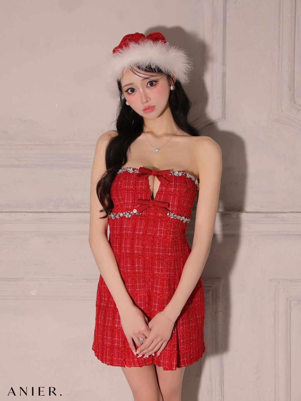 【XSサイズあり】Sparkling Ribbon Bear Dress Santa (anier4227)