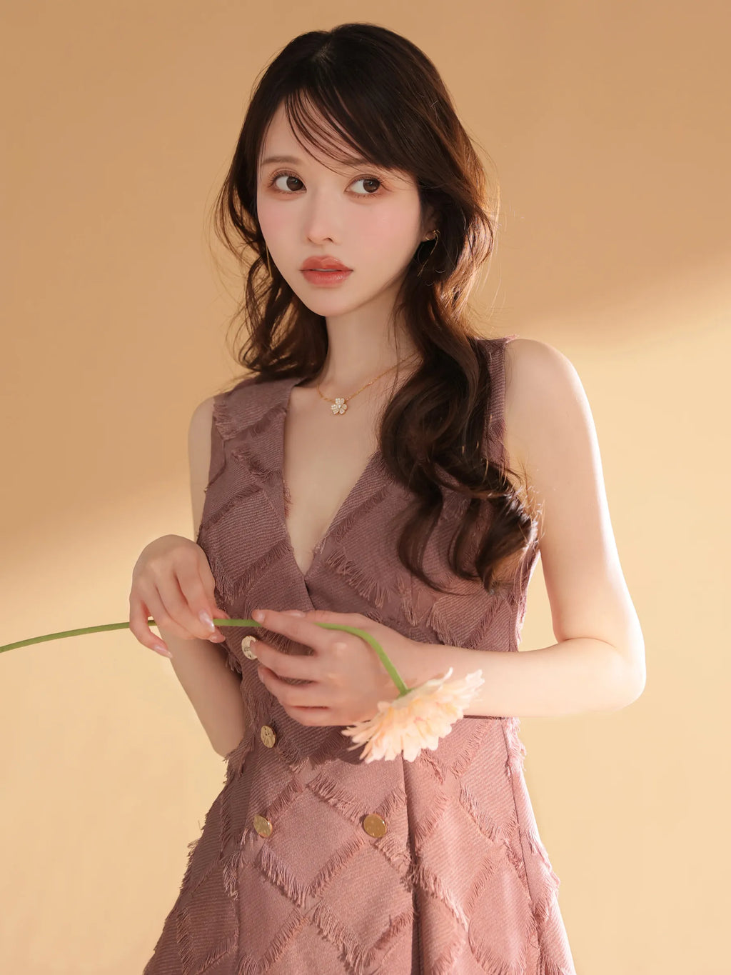 フリンジジャガードダブルボタンフレアミニキャバドレス(DE4311)
