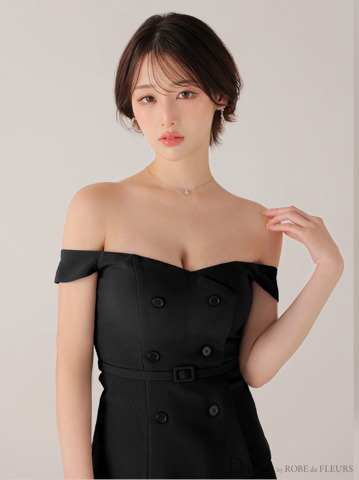 【XSサイズあり】オフショルダブルボタンセットアップフレアミニキャバドレス(DE4315)