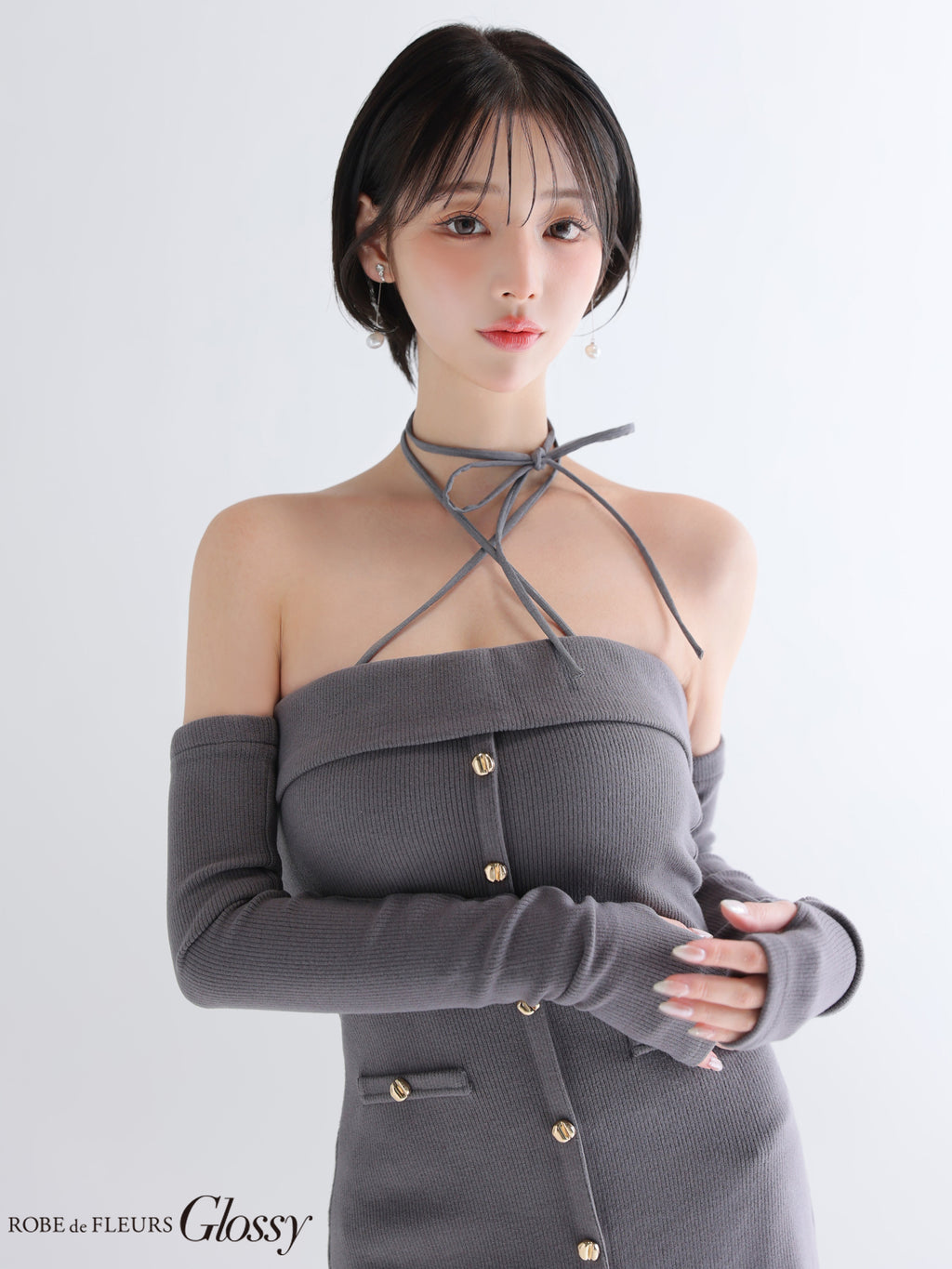 【XSサイズあり】アームウォーマー付きリブニットフロントボタンタイトミニミニキャバドレス(GL4321)