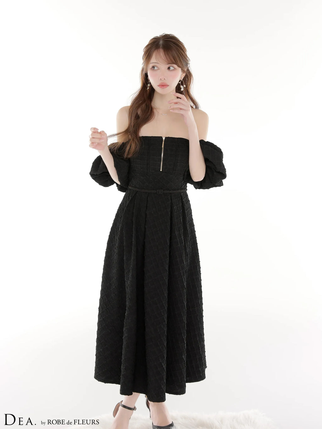 ラメジャガードオフショルバルーンスリーブロングキャバドレス(DE4334)