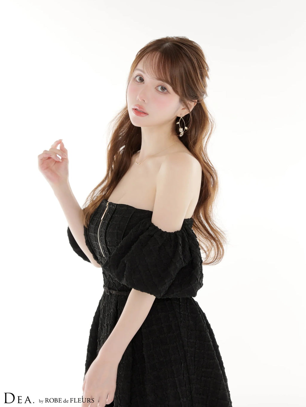 ラメジャガードオフショルバルーンスリーブロングキャバドレス(DE4334)