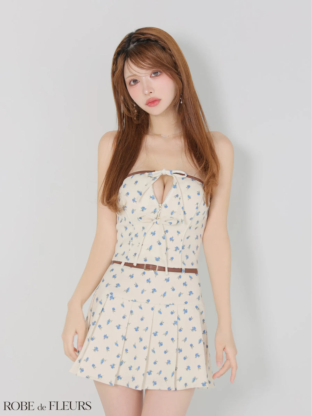小花柄レザーパイピングプリーツセットアップミニキャバドレス (fm4355)