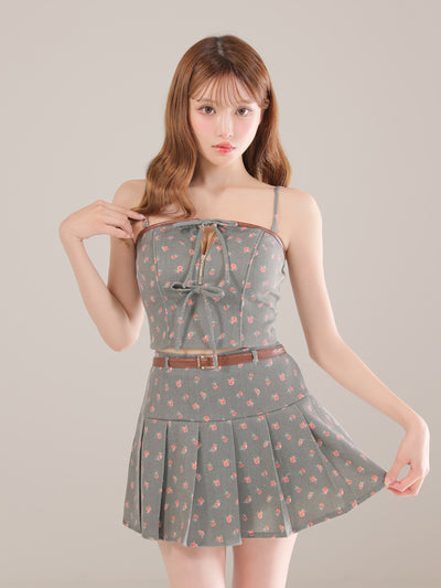 小花柄レザーパイピングプリーツセットアップミニキャバドレス (fm4355)