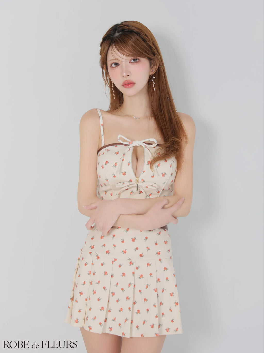 小花柄レザーパイピングプリーツセットアップミニキャバドレス (fm4355)