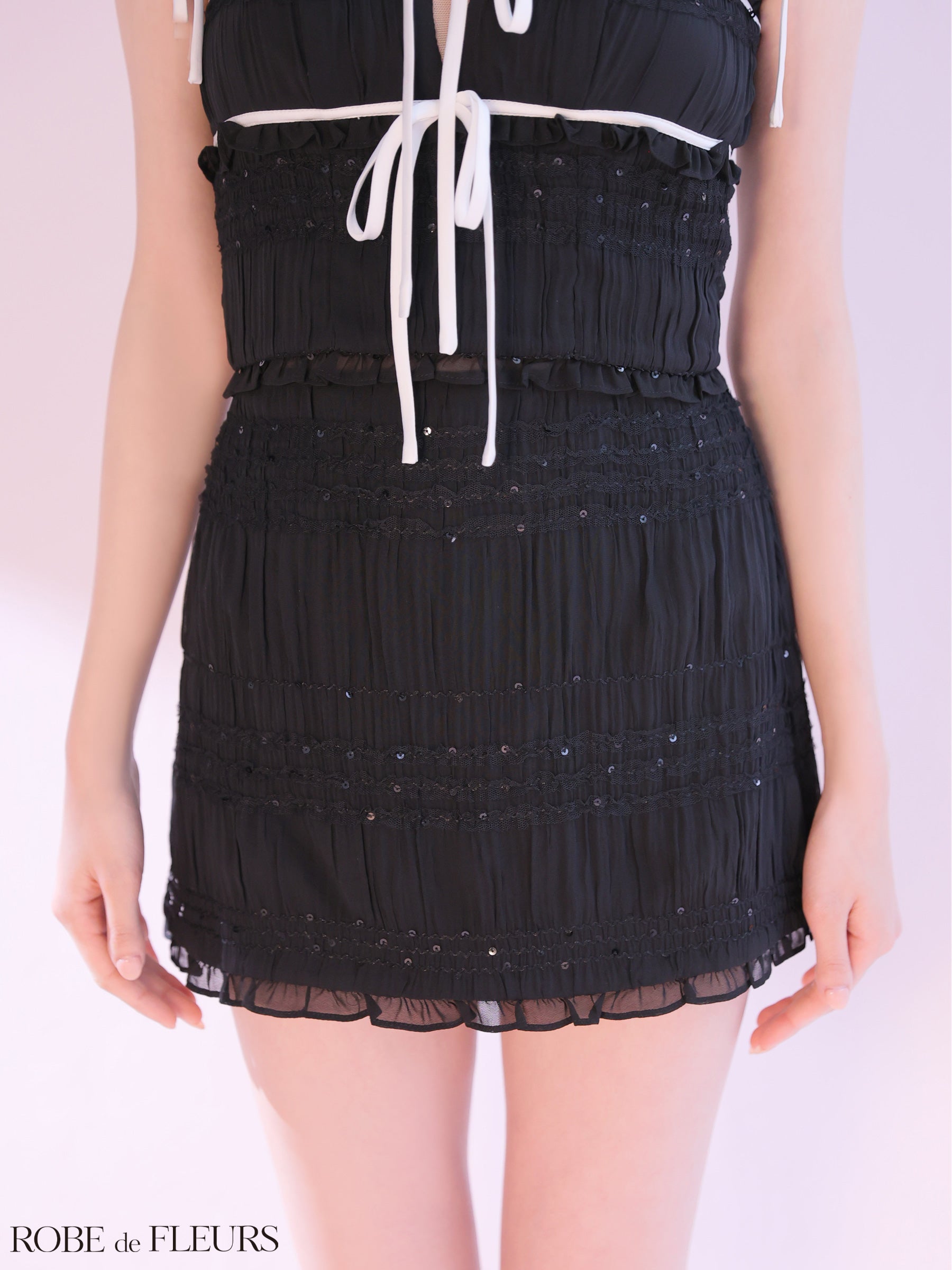 【XSサイズあり】スパンコールギャザーリボンセットアップミニキャバドレス (fm4366)
