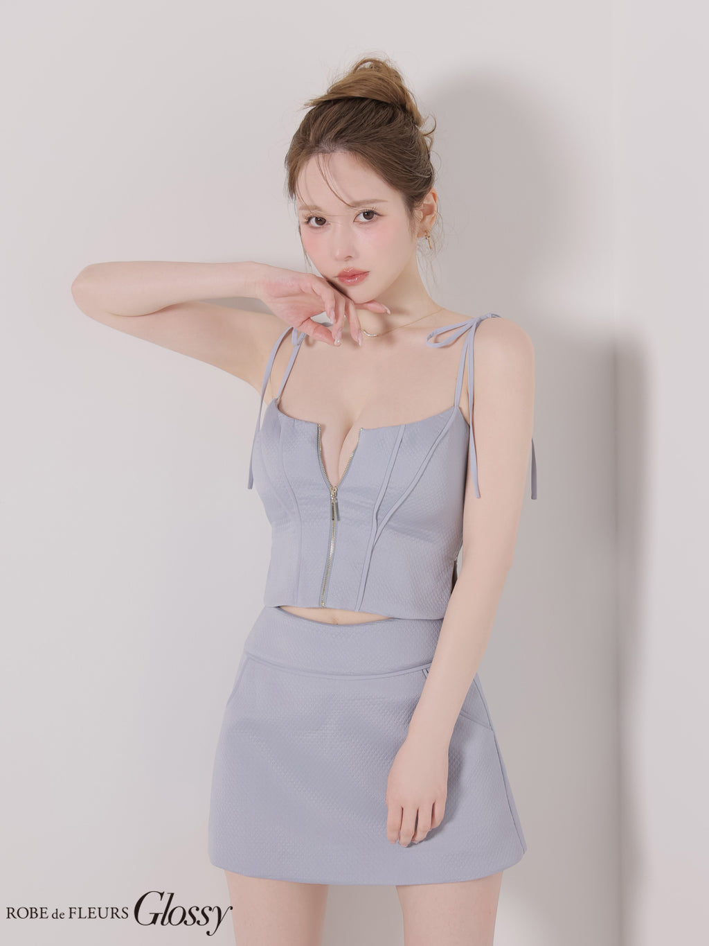 【XSサイズあり】ワンカラーキルティングショルダーリボンセットアップミニキャバドレス (GL4369)