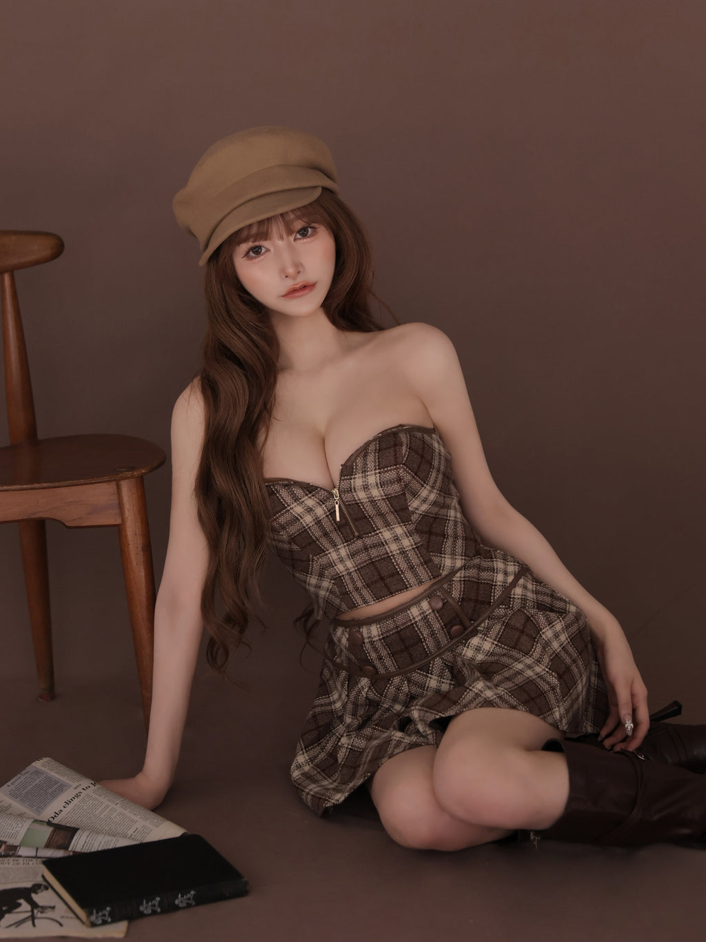 【予約】チェックレザーパイピングセットアップミニキャバドレス (fm4399)