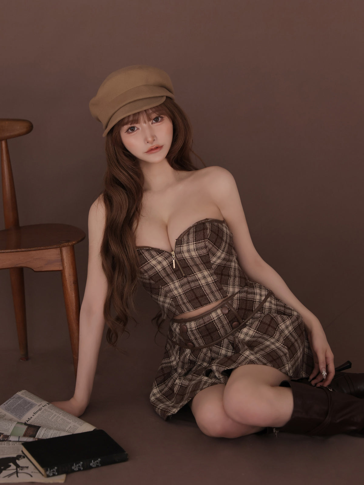 【予約】チェックレザーパイピングセットアップミニキャバドレス (fm4399)