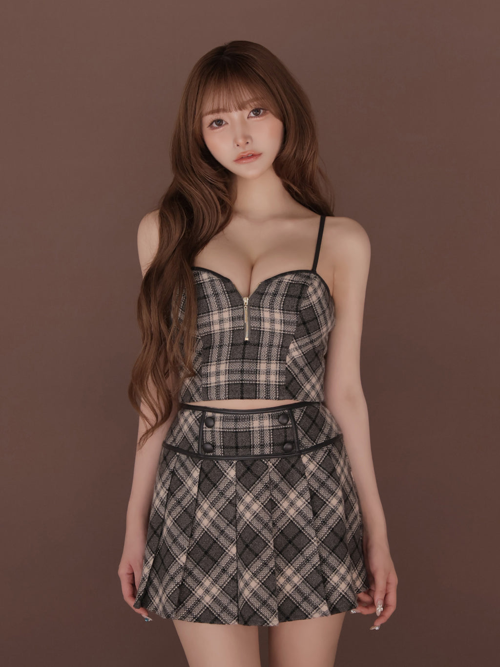 【予約】チェックレザーパイピングセットアップミニキャバドレス (fm4399)