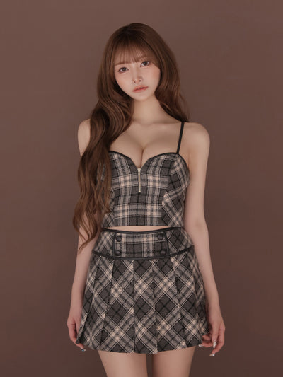 【予約】チェックレザーパイピングセットアップミニキャバドレス (fm4399)