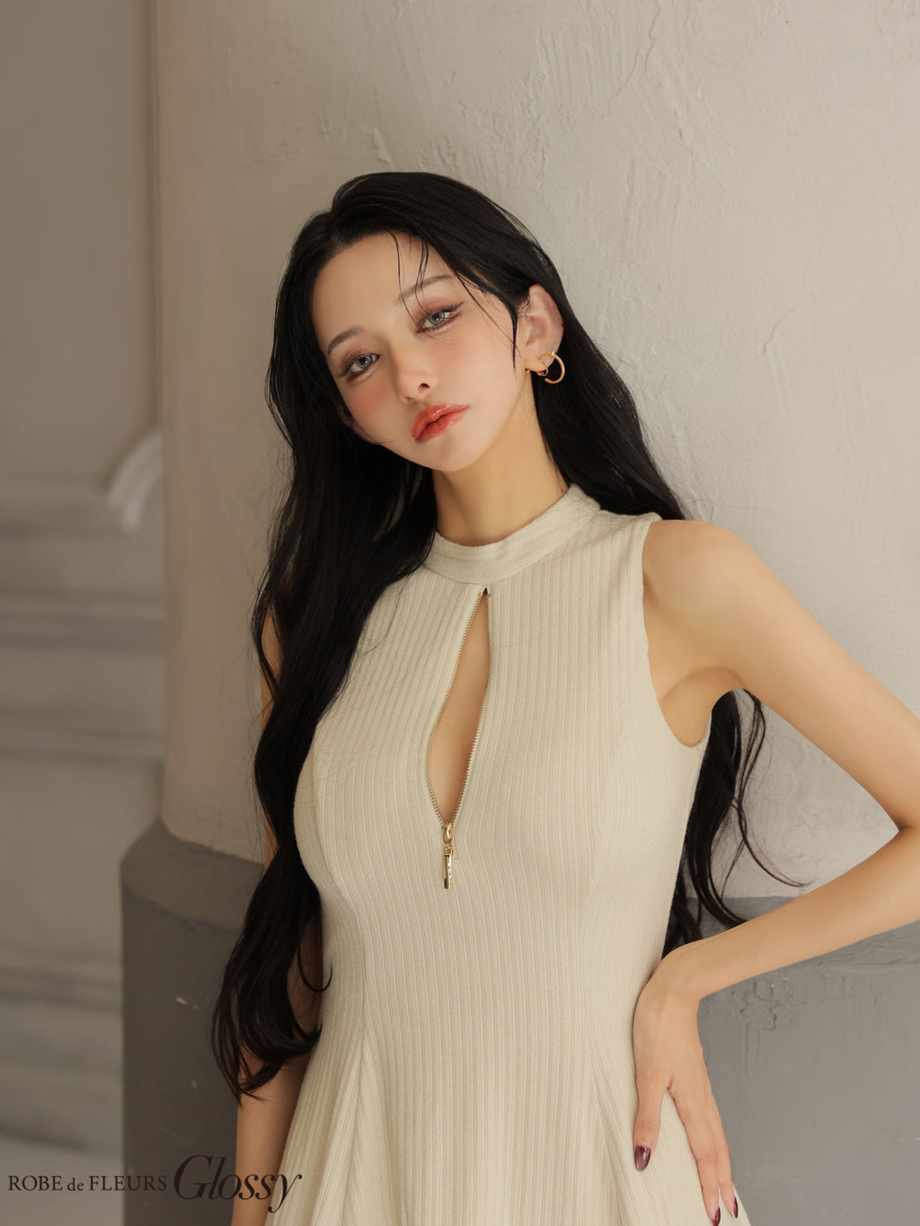 【XSサイズあり】ラメニットハイネックノースリーブフレアミニキャバドレス(GL4622)