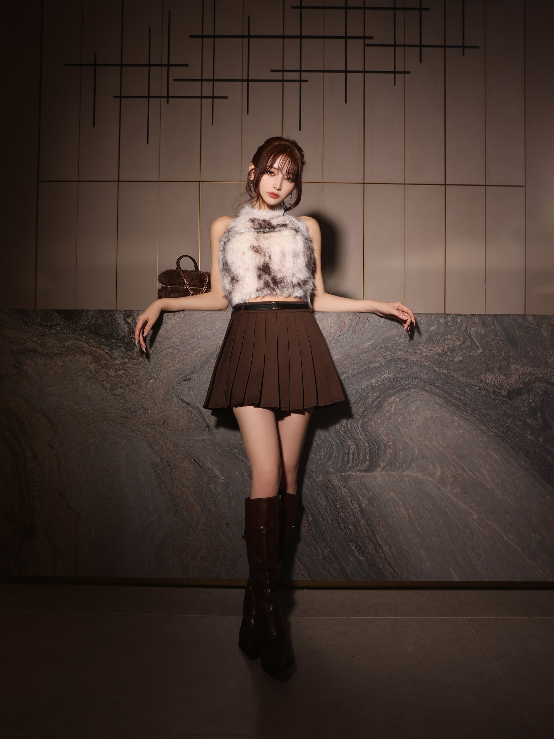 【XSサイズあり】mode fur belted setup dress(LF4632)