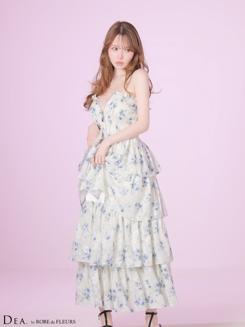 【予約】フラワージャガードシフォンベアロングキャバドレス (DE4641)