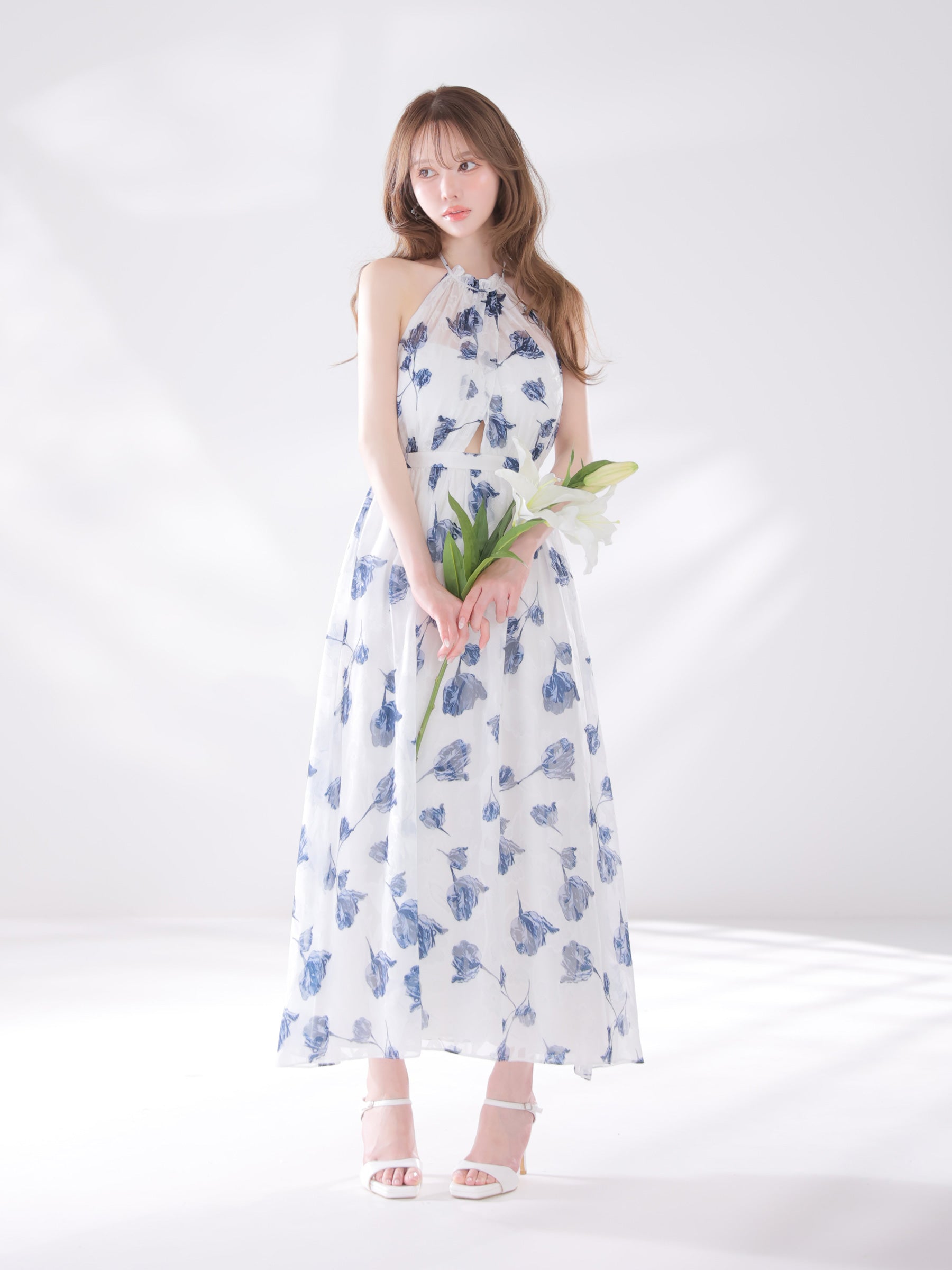 ★予約商品★【7月下旬頃入荷予定】【新色追加】【XS～Lサイズあり】フラワージャガードシフォンホルターネックロングキャバドレス (DE4642)