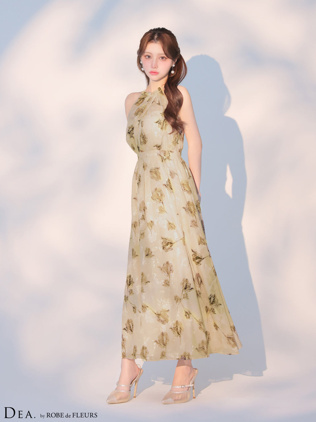 ★予約商品★【7月中旬頃入荷予定】【XS～Lサイズあり】フラワージャガードシフォンホルターネックロングキャバドレス (DE4642)