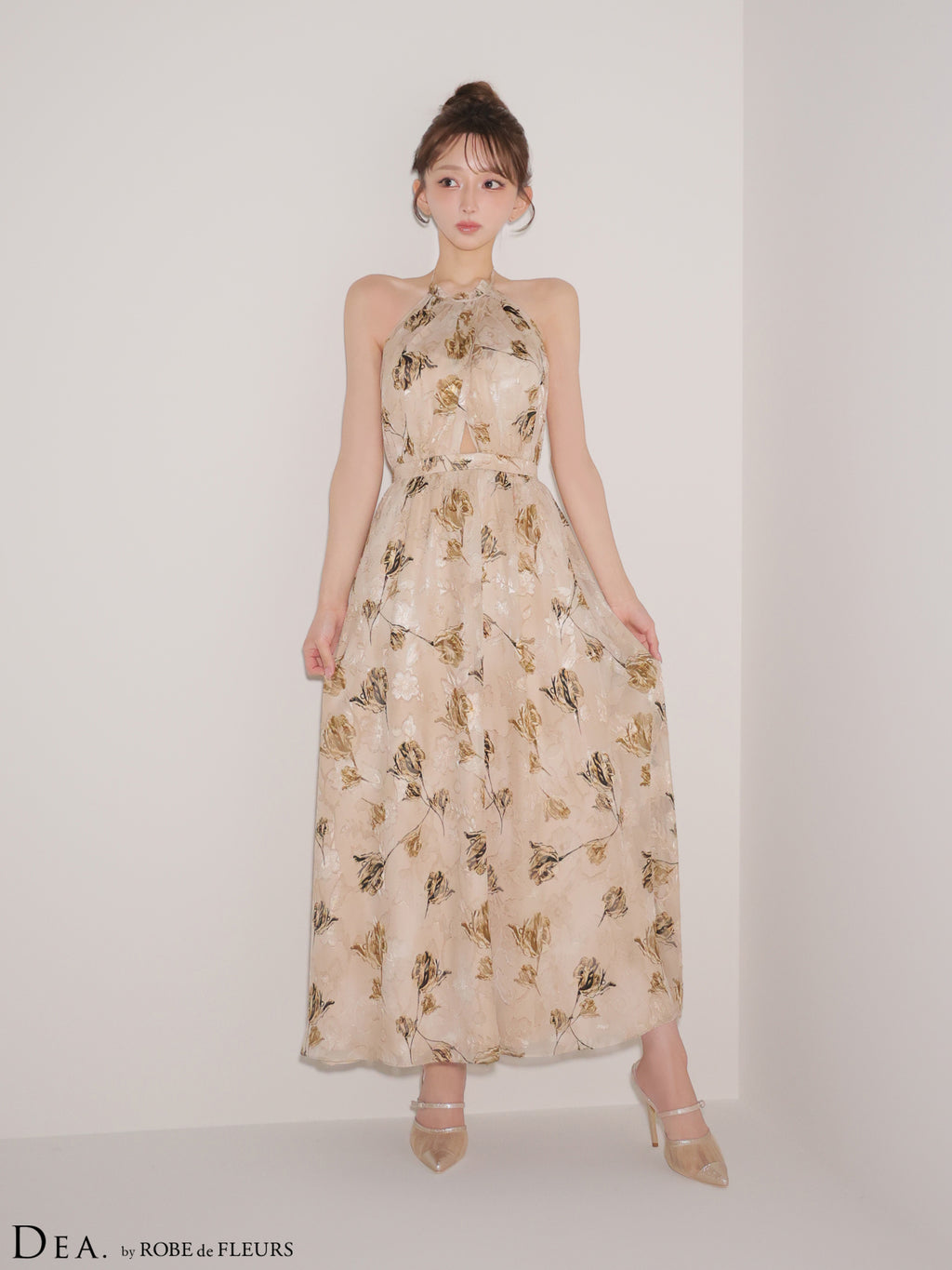 ★予約商品★【7月中旬頃入荷予定】【XS～Lサイズあり】フラワージャガードシフォンホルターネックロングキャバドレス (DE4642)