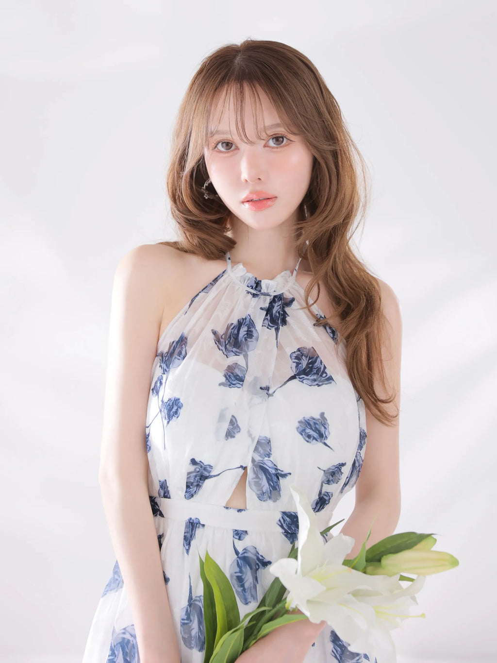 フラワージャガードシフォンホルターネックロングキャバドレス (DE4642)