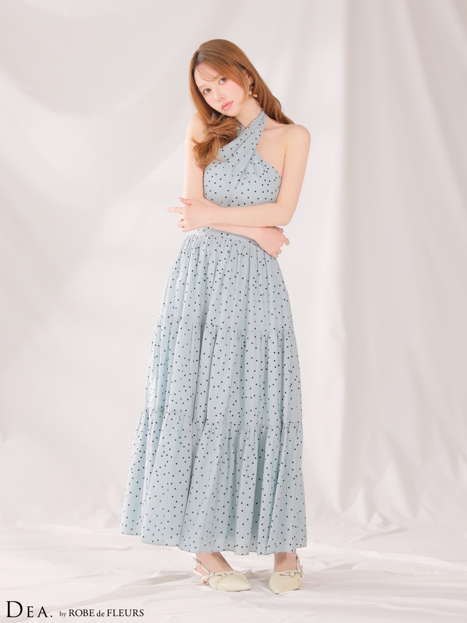 【XS〜Lサイズあり】クロスホルタードットロングキャバドレス(DE4646)