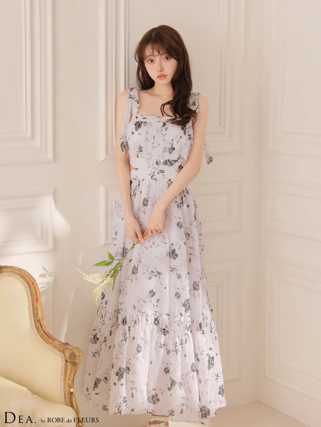 フラワーシフォンサイドカットロングキャバドレス(DE4653)