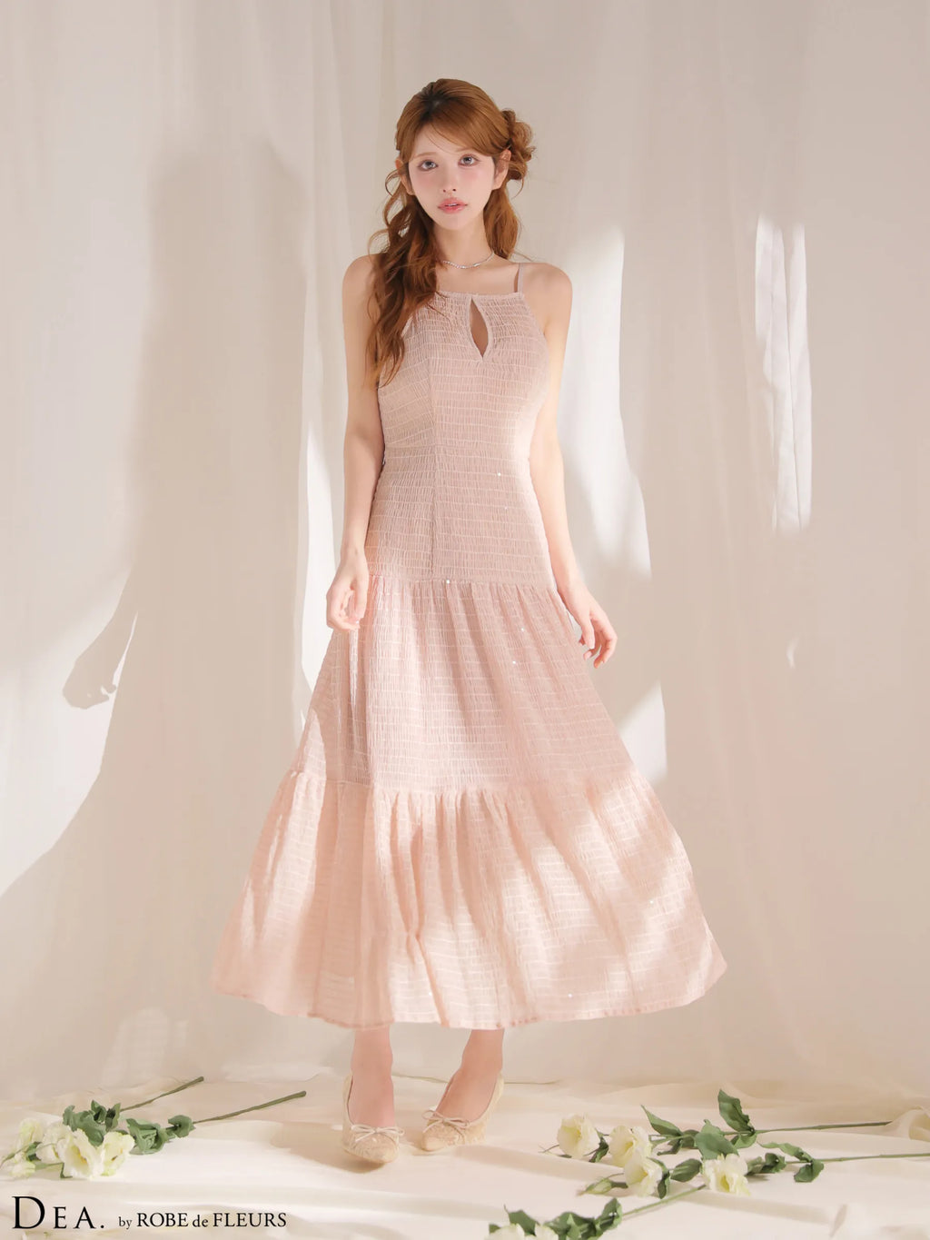 ストレッチギャザーシフォンロングキャバドレス(DE4655)