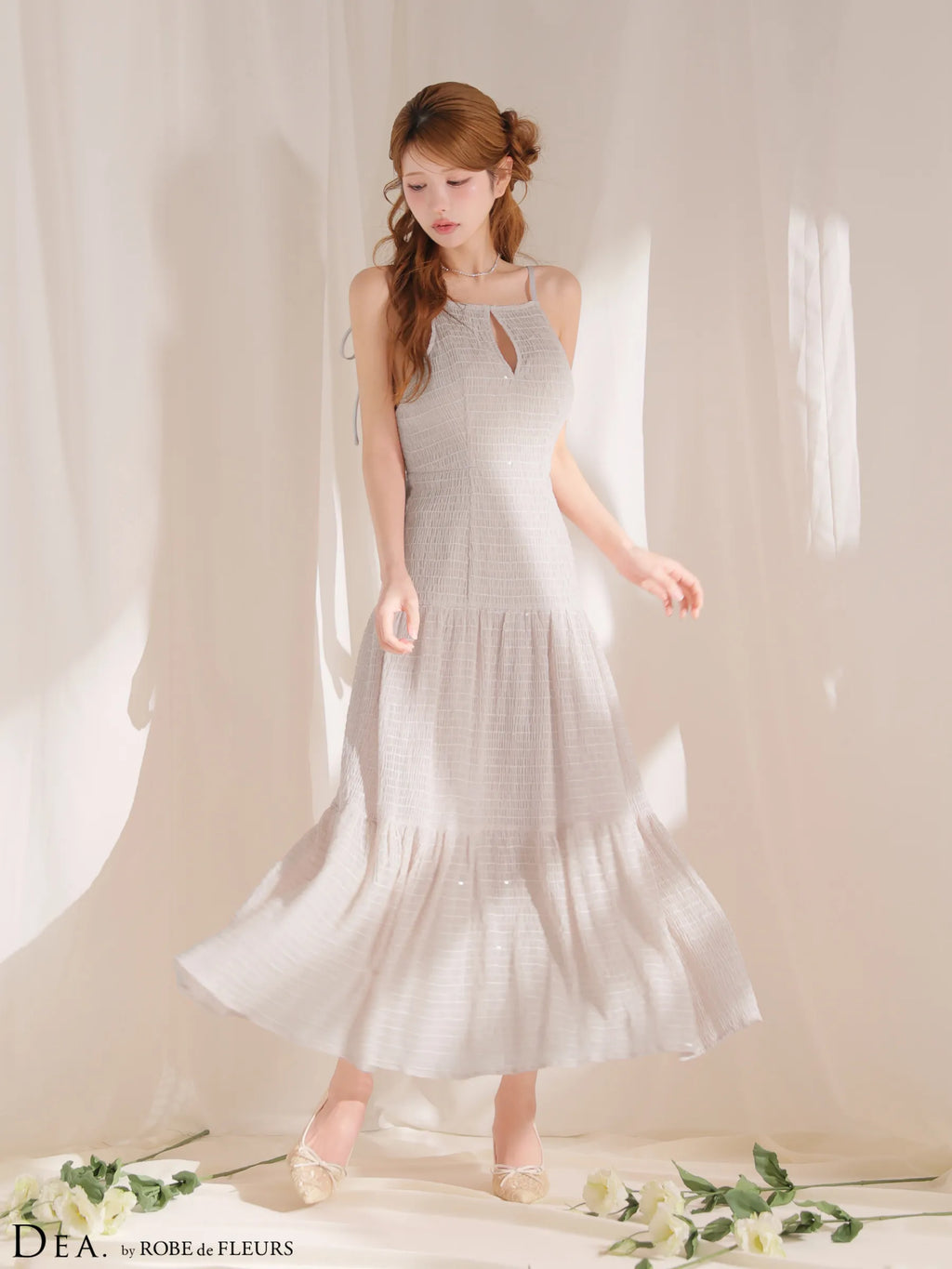 ストレッチギャザーシフォンロングキャバドレス(DE4655)