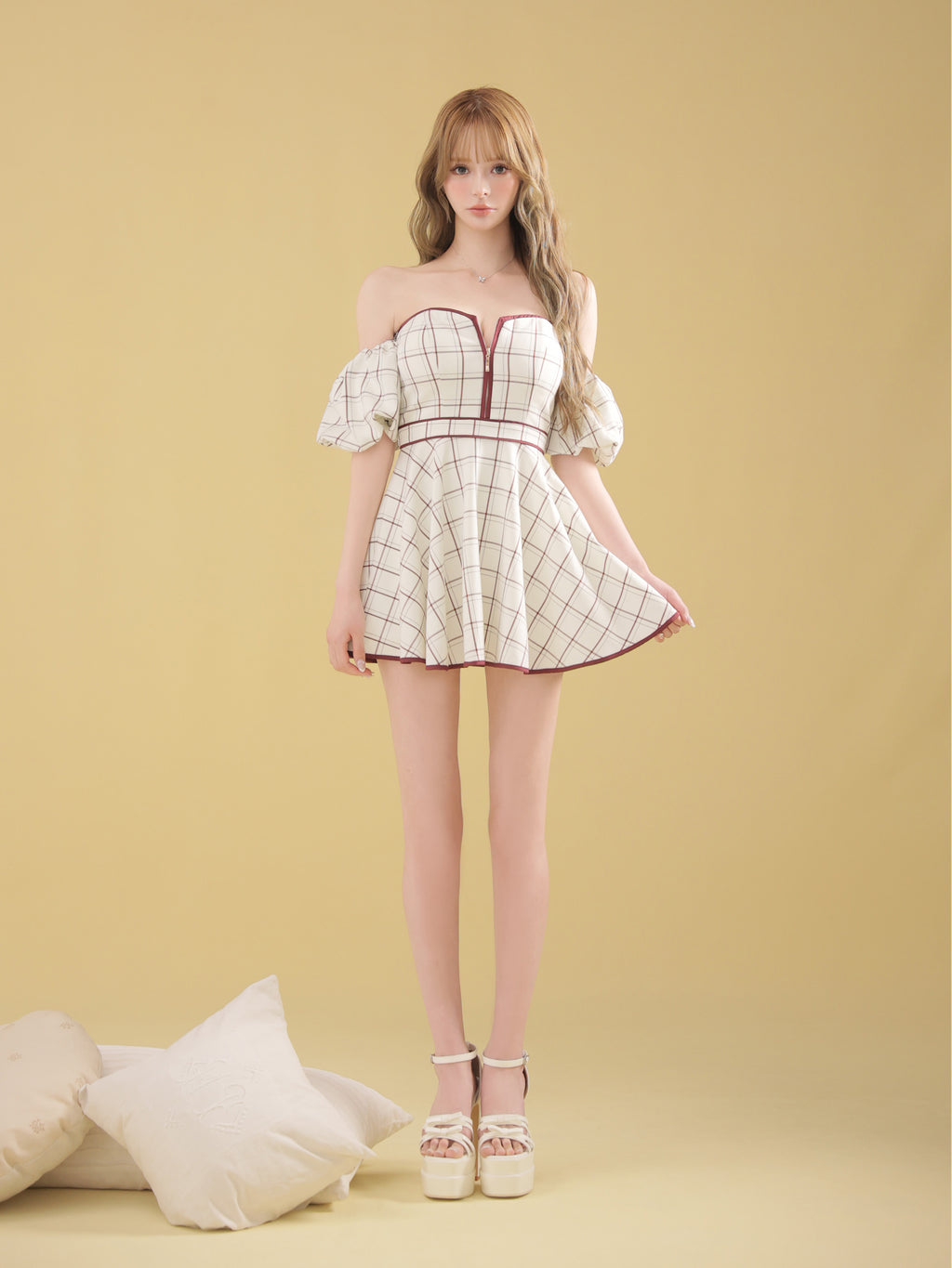 ★予約商品★【7月下旬頃入荷予定】【XS〜Lサイズあり】チェックツイルオフショルバストジップミニキャバドレス (fm4658)
