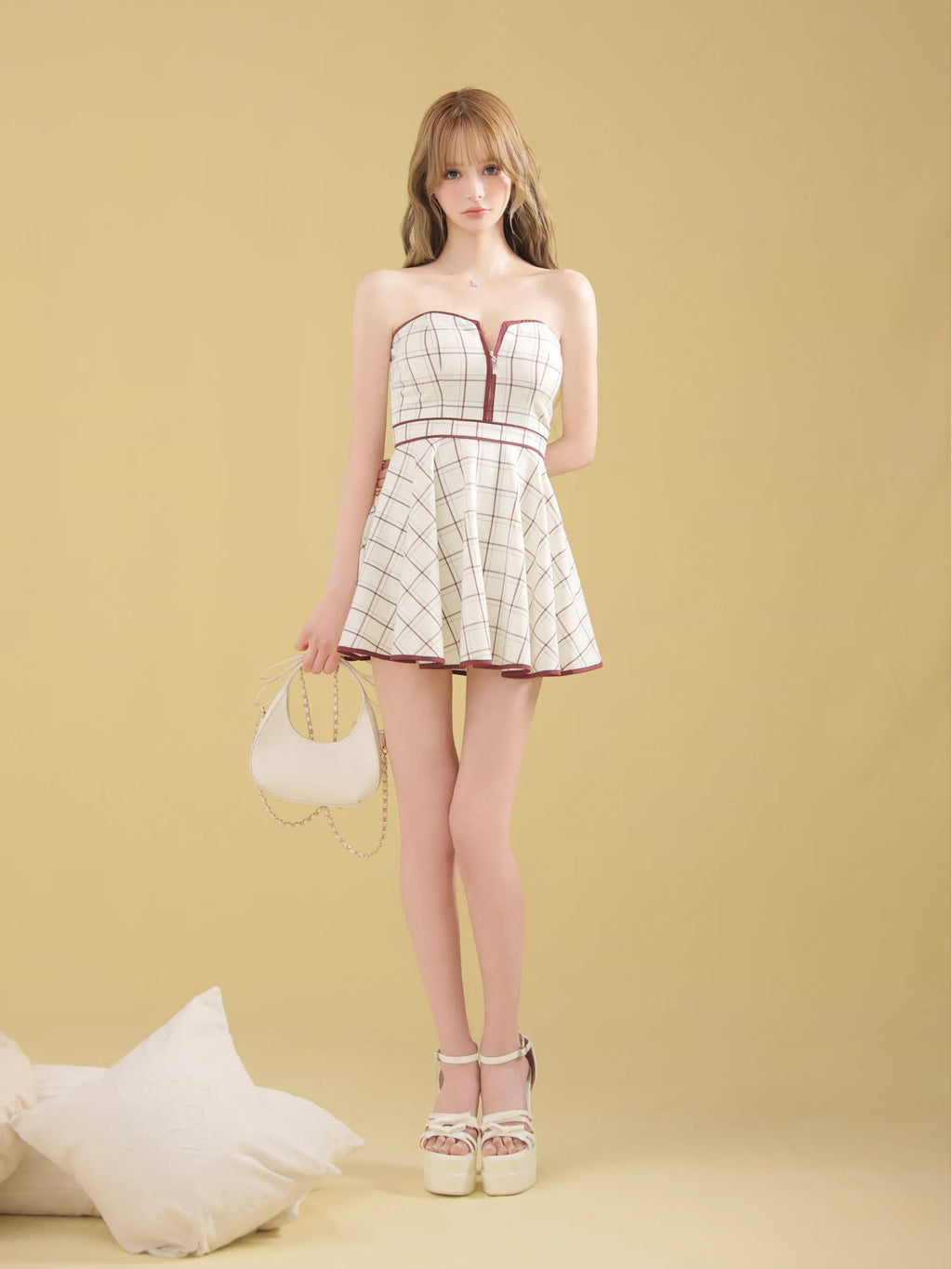 チェックツイルオフショルバストジップミニキャバドレス (fm4658)