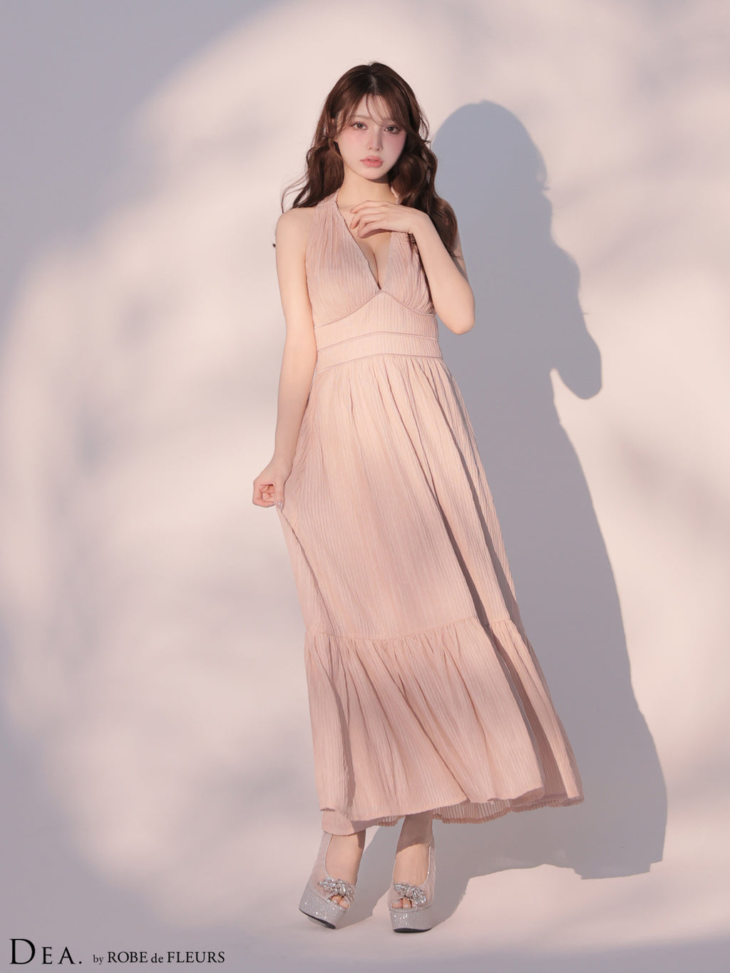 【XS～Lサイズあり】プリーツシフォンホルターネックロングキャバドレス (DE4659)