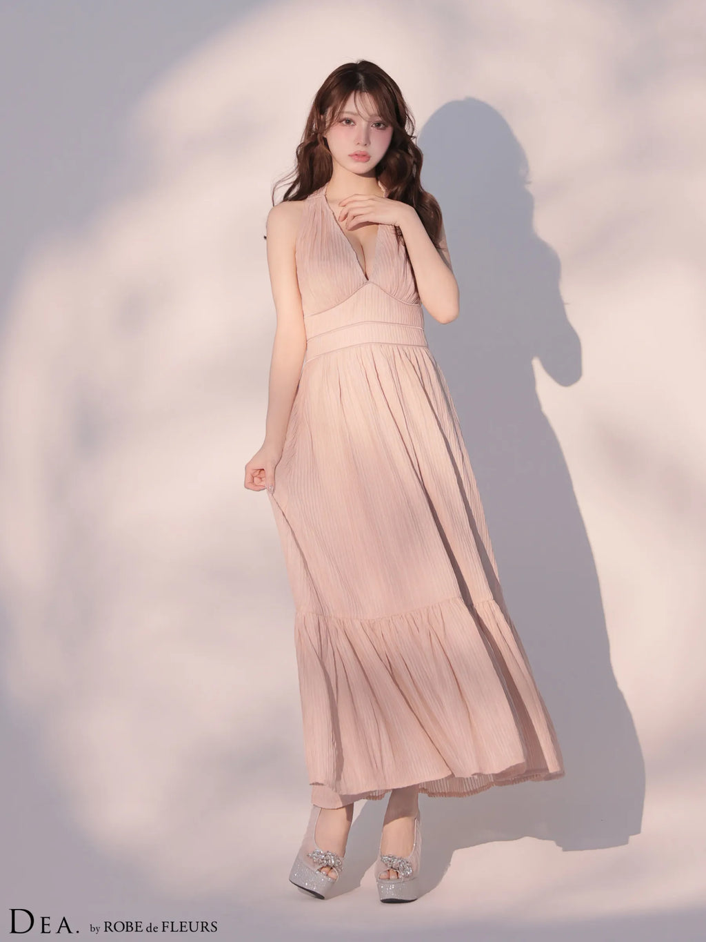 プリーツシフォンホルターネックロングキャバドレス (DE4659)