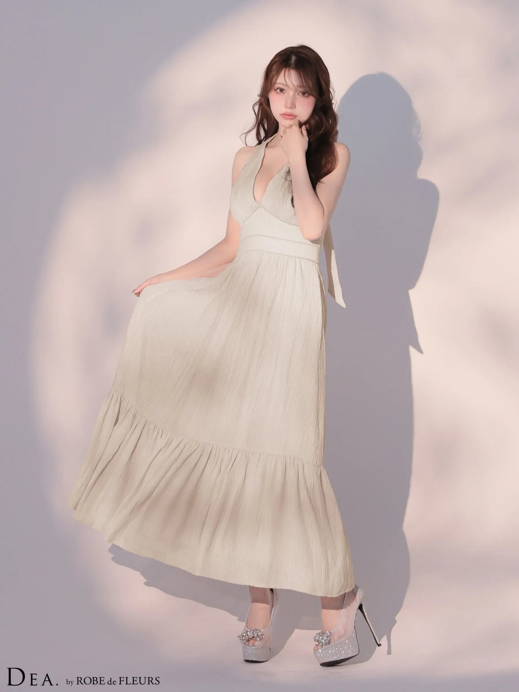 プリーツシフォンホルターネックロングキャバドレス (DE4659)
