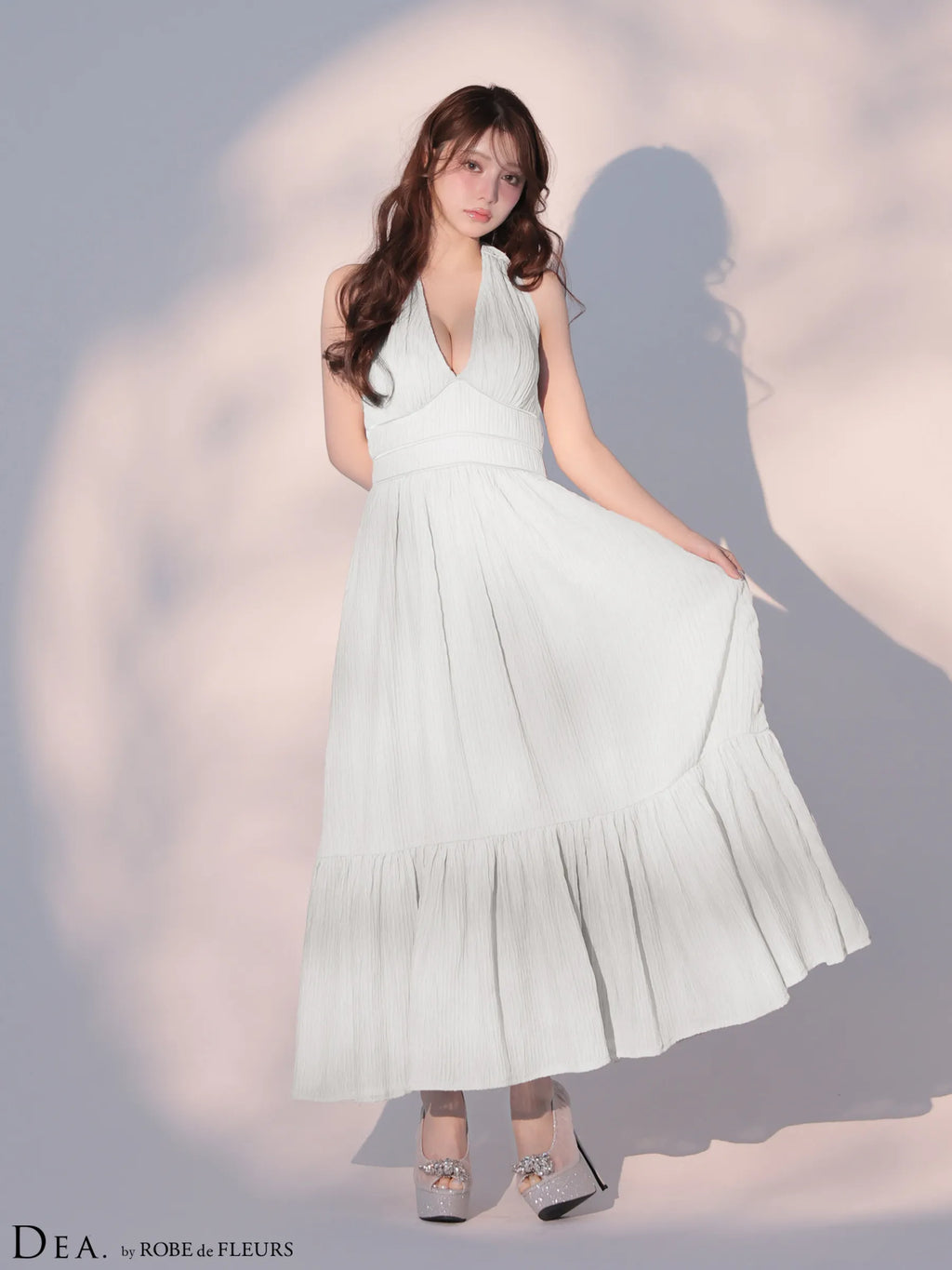 プリーツシフォンホルターネックロングキャバドレス (DE4659)