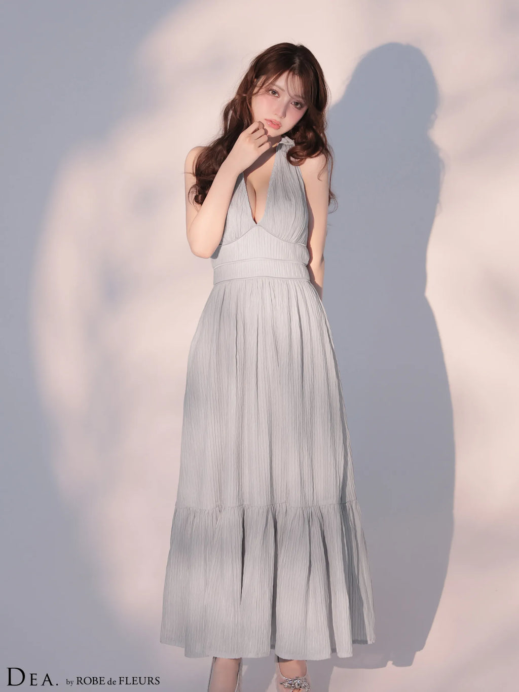 プリーツシフォンホルターネックロングキャバドレス (DE4659)