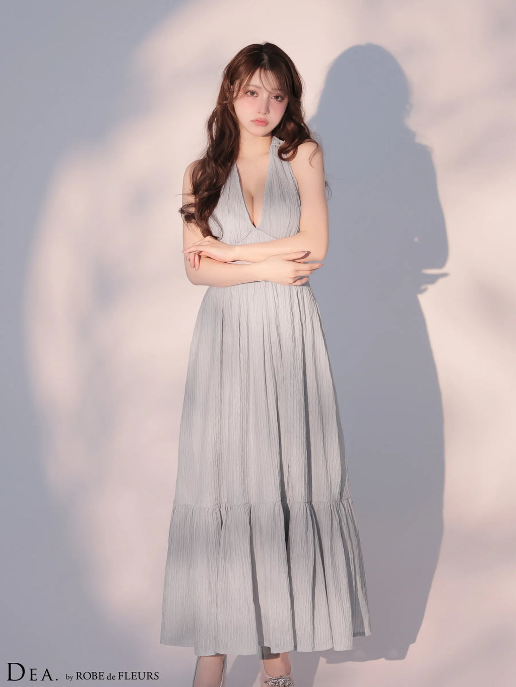 プリーツシフォンホルターネックロングキャバドレス (DE4659)