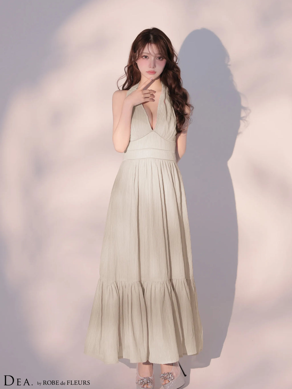プリーツシフォンホルターネックロングキャバドレス (DE4659)