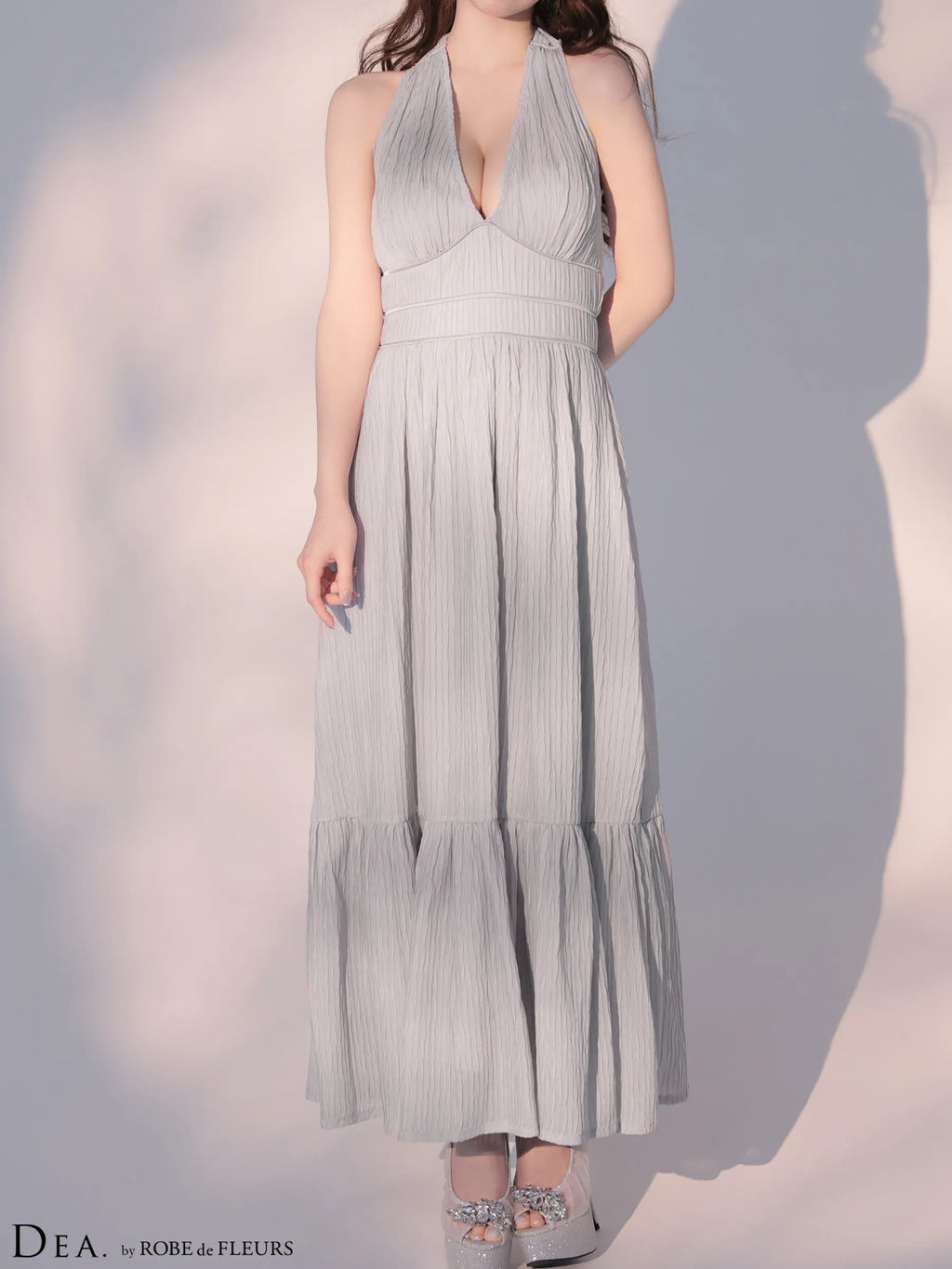 プリーツシフォンホルターネックロングキャバドレス (DE4659)
